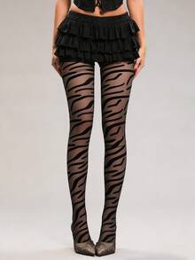 狂野黑色透明斑马纹印花紧身裤 - 采用透明提花弹力面料制成，这款独特的紧身裤非常适合约会之夜、音乐节和街头风格。 - 黑色 - 查看 11