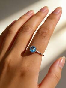 1pc S925 Sterling Silver Embedded Synthetic Zirconia Single Blue Stone Minimalist Ring, Bohemian Elegant Quality Jewelry For Women Daily & Party Wear - Silver - View 12