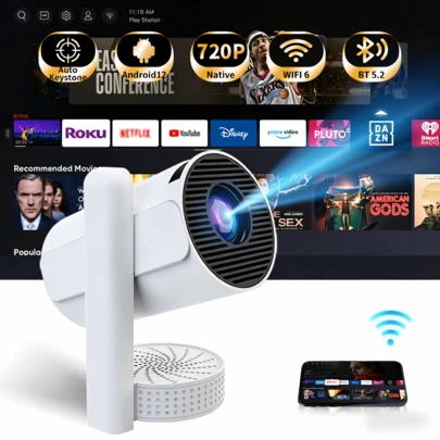 Máy chiếu Android 14 cao cấp mới năm 2026 - Hỗ trợ độ phân giải 4K, độ sáng 5000 ANSI Lumens, góc chiếu toàn cảnh 240°, tự động chỉnh méo hình và lấy nét, kết nối không dây WiFi 6 Bluetooth 5.3, thiết kế siêu yên tĩnh ≤26dB, phù hợp cho rạp chiếu phim tại nhà/chơi game (độ trễ thấp)/giáo dục/văn phòng, món quà lý tưởng để tạo không gian ấm cúng, hỗ trợ sạc 5V 2A/3A (bao gồm cáp dữ liệu, dễ dàng thiết lập).