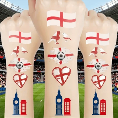 5张英格兰临时纹身贴纸，体育赛事球迷节日派对比赛身体装饰，国旗脸部贴纸，适用于手臂和脸部，防水足球贴纸