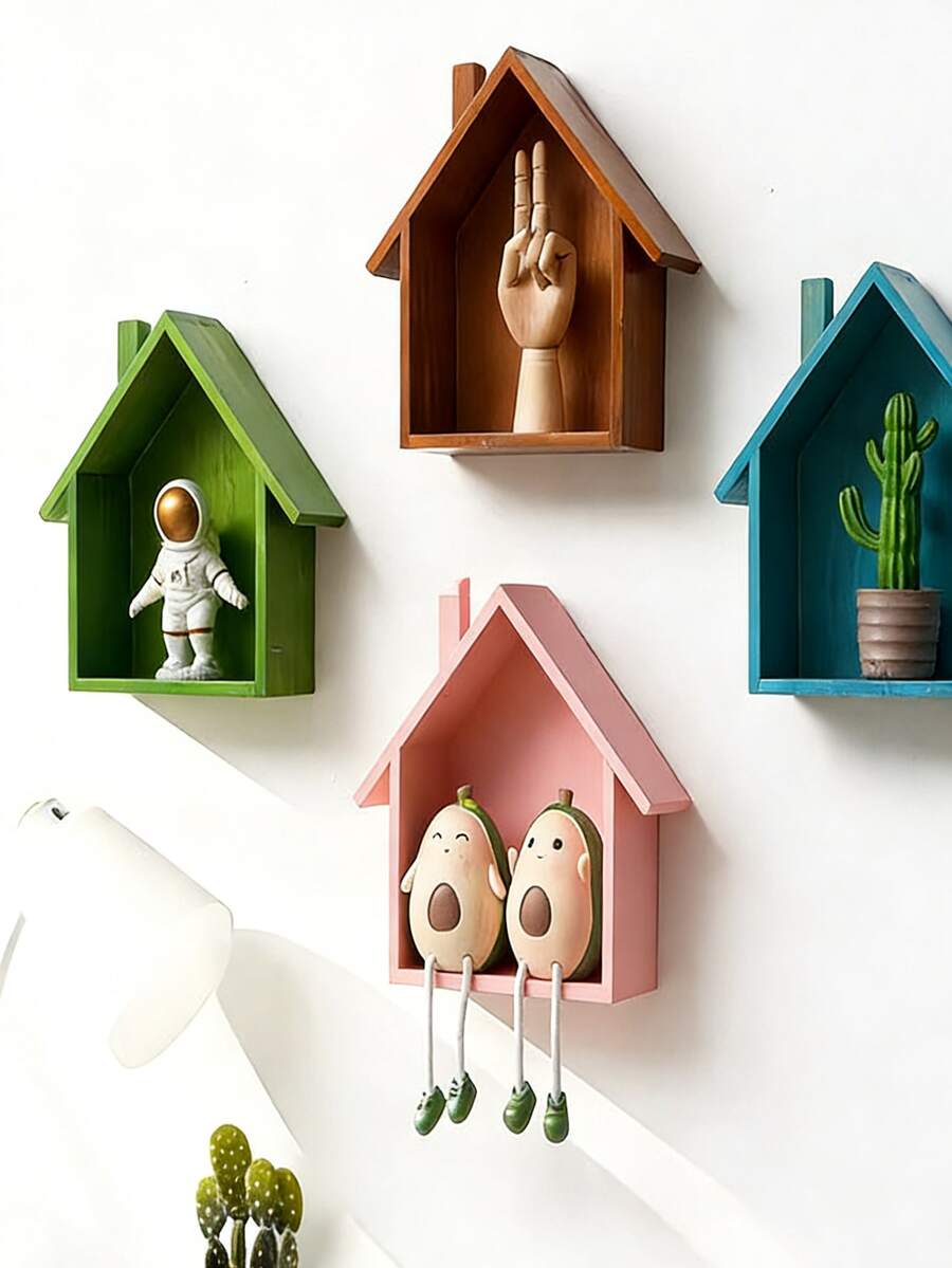 1pc Cute Wooden Wall Hanging House, Retro Nostalgic Home Entrance Decor, Minimalist Wall Shelf, Nursery Room Storage Rack, Toy Organizer, Kids Bedroom Decoration, Girls Room Accessory, Baby Room Decor - Multicolor - View 1