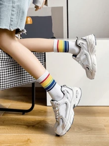 6 Pairs Minimalist Black & White Rainbow Pattern Unisex Comfortable Breathable Mid-Calf Socks, Stylish For Spring/Autumn, Fall - Multicolor - View 8