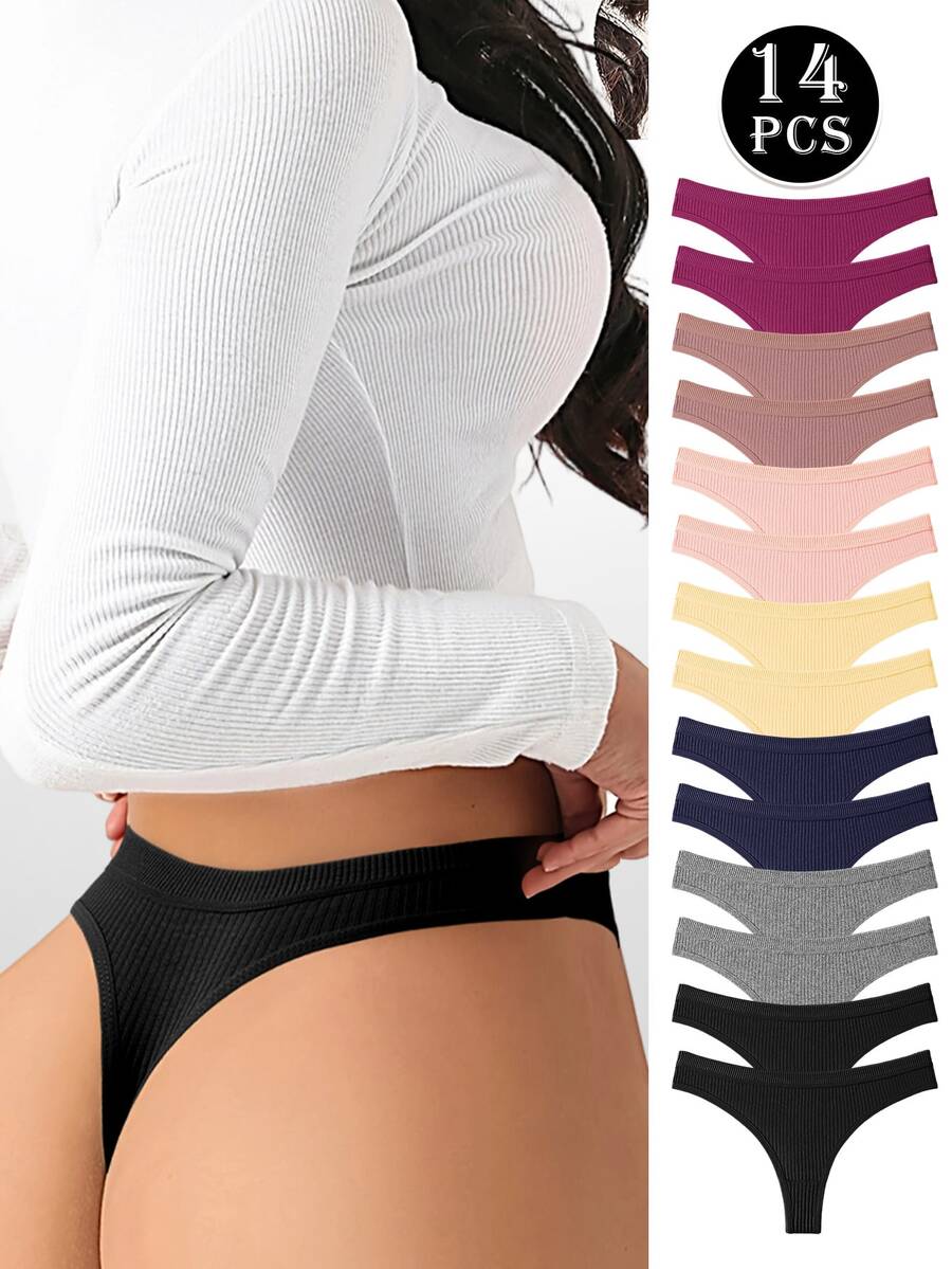 14-Pack Simple Ribbed Women's Underwear Cotton Soft And Comfortable Sexy Thong, Fashionable Solid Color Women's Underwear, XS-XL Size Optional, Spring And Summer Low Waist Seamless Women's Sexy Shorts, Bikini Underwear - 彩色 - 查看 1