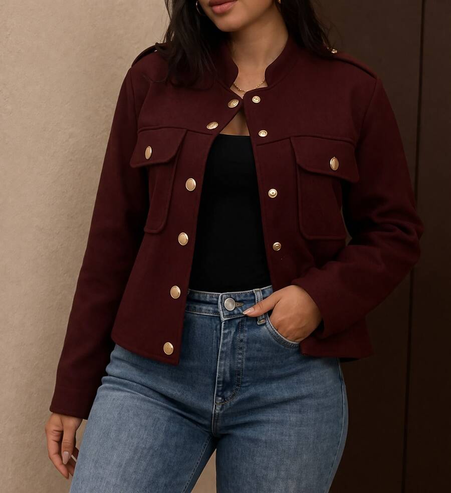 Vintage Button-Down Jacket, Women's Fashion, Winter, Long Sleeve, Spring, Casual, Elegant - Burgundy - View 1