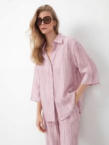 HZXVIC Bộ đồ nữ mùa xuân mới, kiểu dáng thường ngày, áo sơ mi cổ bẻ nhuộm tie-dye và quần cạp cao có dây rút. - Hồng - Xem 5