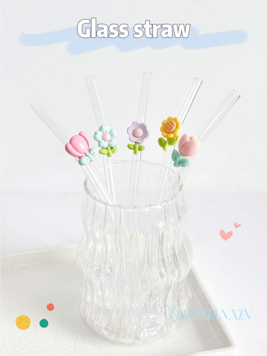 Colorful Flower Series Glass Straws, Transparent Smoothie, Bubble Tea, Juice, Milk, Cocktail, Cold Drink Reusable Bent Glass Straws With Floral Decor, Suitable For Milkshake, Milk, Tea, Juice, Cocktail, Cold Drink, Gifts For Girlfriend, Dessert Shop, Soft Drink Bar, Office, Bar, Restaurant - View 1