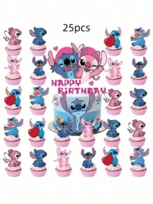 Disney 25 piezas de decoraciones para pasteles en forma de corazón con diseño de Stitch, decoraciones para pasteles para manualidades, fiestas de cumpleaños en casa - Multicolor - Ver 6