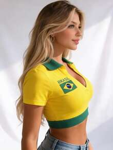 Cropped Top With Collar, World Cup Brazil Design, In Supplex Fabric With Padding. - 黃色和綠色 - 查看 3