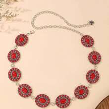 1 pieza Cinturón de aleación de plata para mujer, estilo vintage con piedra ovalada roja y hebilla de rosa, cadena ajustable, adecuado para vestidos, fiestas, uso diario - Rojo - Ver 6