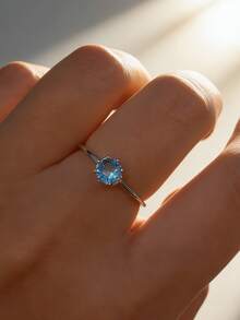 1pc S925 Sterling Silver Embedded Synthetic Zirconia Single Blue Stone Minimalist Ring, Bohemian Elegant Quality Jewelry For Women Daily & Party Wear - Silver - View 2