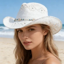 Straw Cowgirl Hat For Women Men Western Rolled Wide Brim Breathable Hollow Out Jazz Hat For Summer Beach - White - View 2