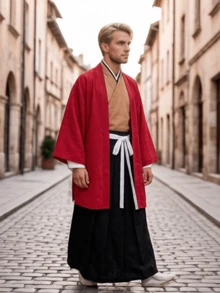 东方传统服饰套装，适合万圣节、动漫展等场合，复古红色立领外套搭配黑色禅意半裙，男女皆宜，日常穿着，也适合摄影、角色扮演、文化庆典、圣诞节装扮、情侣写真等场合。 - 彩色 - 查看 2