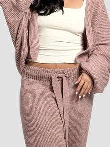 Premium Mousse Knit Palazzo Pants With Tie Detail, Mousse Yarn Knit, Blogger Style - Old Rose - View 2