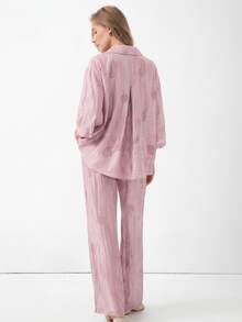 HZXVIC Bộ đồ nữ mùa xuân mới, kiểu dáng thường ngày, áo sơ mi cổ bẻ nhuộm tie-dye và quần cạp cao có dây rút. - Hồng - Xem 4