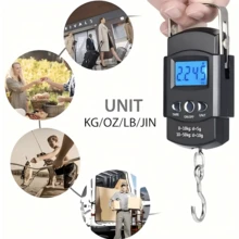 小型高精度便攜式電子秤，適用於居家使用，可用於稱量行李、魚類和包裹。功能包括電子行李秤、釣魚郵政掛秤、工業掛秤、數位秤、掛秤和釣魚秤。需要 2 顆 AAA 電池 - 彩色 - 查看 4