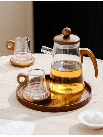 1 Set Retro Medieval Style Glass Water Pitcher & Cups, Nordic Acacia Wood Coasters, Heat-Resistant Drinking Glasses, Suitable For Dining Room, Living Room, Cafe, Tea House
