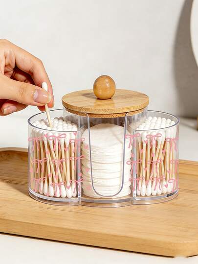 粉色蝴蝶结图案三合一竹盖透明塑料收纳盒，双孔桌面化妆品收纳盒，双层透明化妆品收纳盒 - 现代梳妆台收纳盒带盖，浴室梳妆台收纳盒