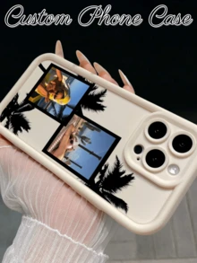 1 pieza Funda de teléfono personalizable con foto, funda protectora suave con impresión UV personalizada, edición limitada de verano con diseño de palmera, compatible con Apple 17/17 Pro/17 Pro Max/17 Air, 16-11/Pro/Pro Max/Plus, S20-S26/Ultra/FE/Plus/Ultra, teléfonos - Regalo de personalización de nombre, regalo para la mejor amiga, regalo del Día de San Valentín, esencial de verano - Blanco - Ver 3