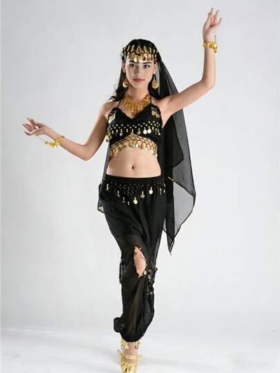 2 piezas Conjunto de Danza del Vientre, Pantalones holgados y acampanados con decoración de monedas y sujetador con relleno para mujeres