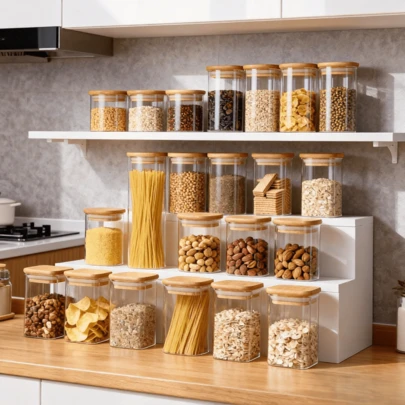 每套包含3个方形玻璃密封罐，容量可选1600毫升/2400毫升，配有竹盖，可用于厨房收纳整理，玻璃材质，也可用于存放咖啡、调料、咖啡、谷物、糖果、饼干、意面等。可作为家居厨房桌面装饰，可堆叠放置，是母亲节和婚礼的理想礼物。