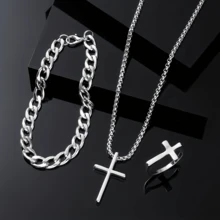 男士黑色十字架首饰三件套，合金项链手链戒指，朋克嘻哈时尚首饰，送给他的礼物 - 黑色 - 查看 4
