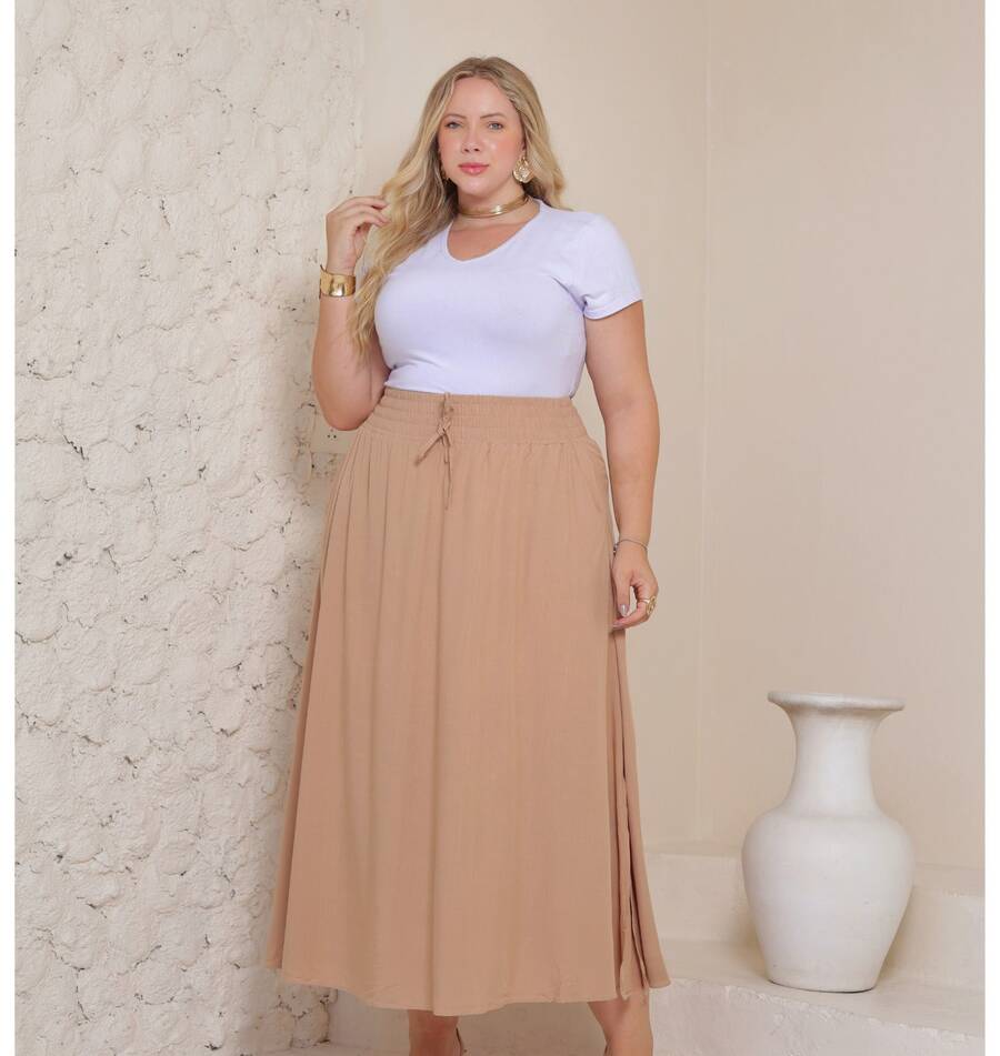Plus Size Long Skirt In Viscolinho – High Waist With Slit And Side Pockets For Women - Beige - View 1