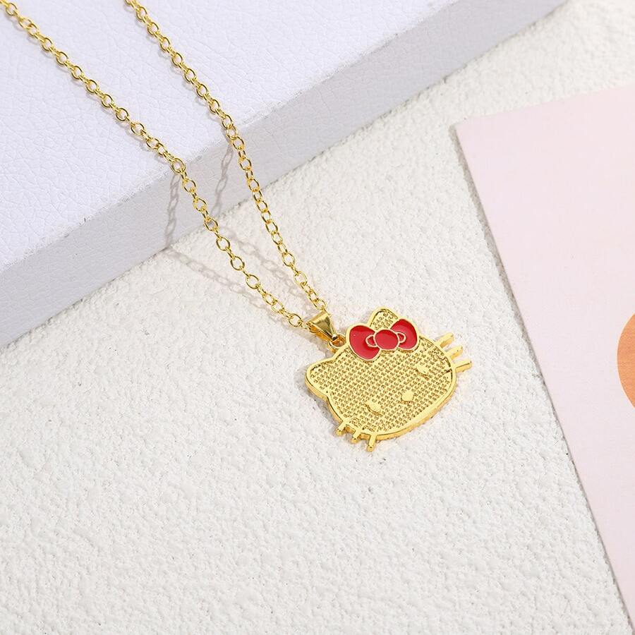 SANRIO 1 chiếc dây chuyền mặt hình mèo con màu vàng dễ thương thắt nơ cho nữ - Vàng - Xem 1