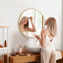 مرآة دائرية بإطار ألومنيوم ذهبي فرنسي، مرآة دائرية أنيقة للمكياج والتجميل، مرآة دائرية للحمام/المدخل/غرفة النوم/غرفة المعيشة/غرفة التجميل/ديكور منزلي ريفي - متعدد الألوان - مشاهدة 7