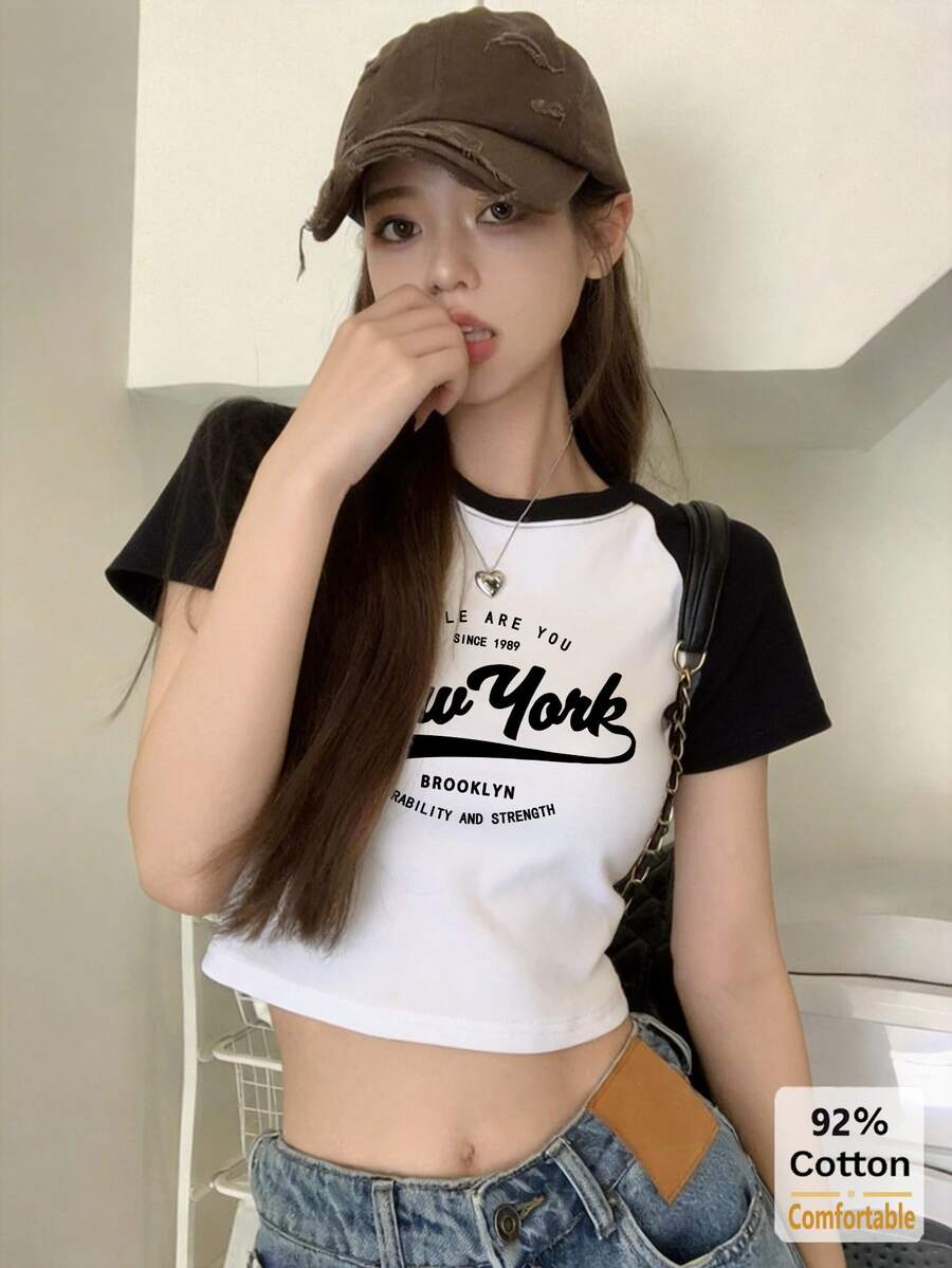 Áo thun ngắn tay in chữ mùa hè, áo croptop đen trắng, áo lót nữ thiết kế thời trang. - đen và trắng - Xem 1