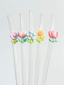 Colorful Flower Series Glass Straws, Transparent Smoothie, Bubble Tea, Juice, Milk, Cocktail, Cold Drink Reusable Bent Glass Straws With Floral Decor, Suitable For Milkshake, Milk, Tea, Juice, Cocktail, Cold Drink, Gifts For Girlfriend, Dessert Shop, Soft Drink Bar, Office, Bar, Restaurant - View 3