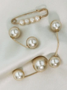 4-Piece Champagne Faux Pearl Embellished Lapel Clothes Dress Scarf Belt Pants Tightening Buckle Brooch Pin, Daily Decoration - Champagne - View 2