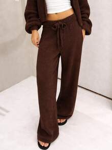 Premium Mousse Knit Palazzo Pants With Tie Detail, Mousse Yarn Knit, Blogger Style - Rust Brown - View 1