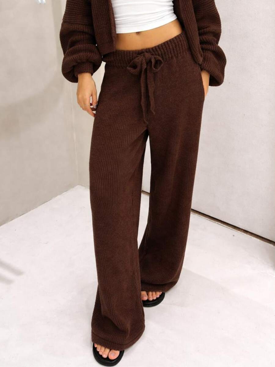 Premium Mousse Knit Palazzo Pants With Tie Detail, Mousse Yarn Knit, Blogger Style - Rust Brown - View 1