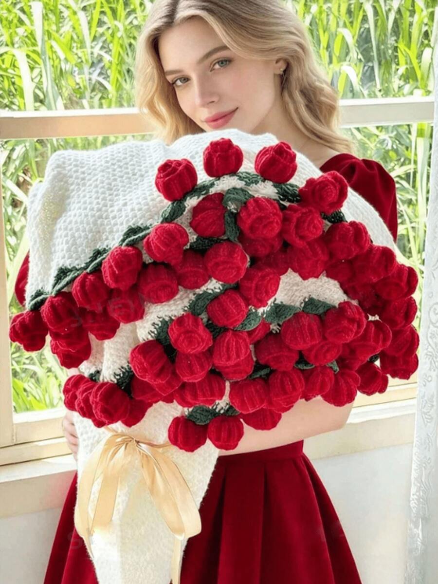 1pc Rose Bouquet Blanket, Nap Blanket, Valentine's Day Gift For Girlfriend, 99 Fresh Roses, Soft Knitted Fabric With Lining, Rose Bouquet Design - Multicolor - View 1