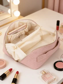 1 pieza Bolsa de maquillaje portátil de gran capacidad con compartimentos, diseño minimalista de moda con cremallera dorada, adecuada para almacenar cosméticos diarios, cuidado de la piel, artículos de tocador de viaje, se puede usar como regalo, accesorio de cremallera, bolsa, bolsa de maquillaje, viaje, organizador de cosméticos, bolsa de almacenamiento, artículos esenciales de viaje, bolsa de viaje para cosméticos, organizador de maquillaje, bolsa de tocador, bolsa de viaje, artículos esenciales de vacaciones, regalos para mujeres - Multicolor - Ver 4