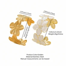 1 pieza Elegante brazalete asimétrico de flor de berenjena calada de acero inoxidable, adecuado para que las mujeres lo usen en banquetes, fiestas, vida diaria o citas - Amarillo Oro - Ver 12
