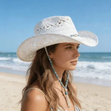 Straw Cowgirl Hat For Women Men Western Rolled Wide Brim Breathable Hollow Out Jazz Hat For Summer Beach - White - View 5