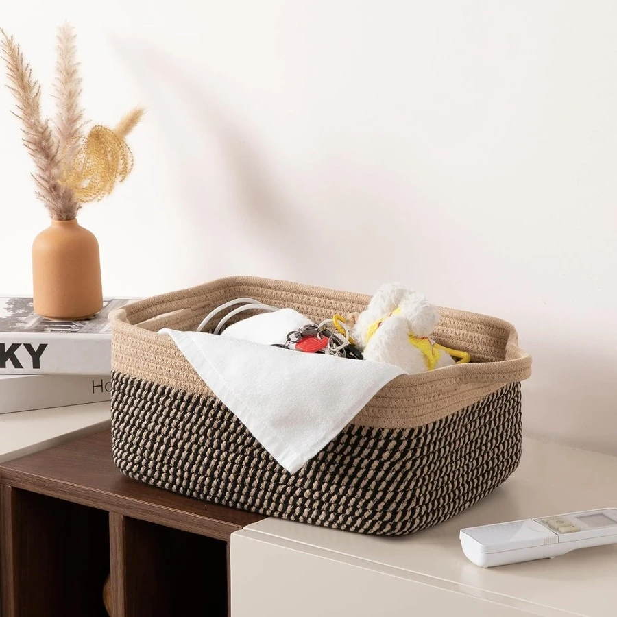 1pc Rope-Braided Storage Boxes, Rectangular Storage Baskets, And Closet Storage Baskets With Handles Are Suitable For Shelf Organization, Classrooms, Toy Storage, Wardrobe Organization, Home Storage, And As Organizing Accessories. Toy Storage Baskets.