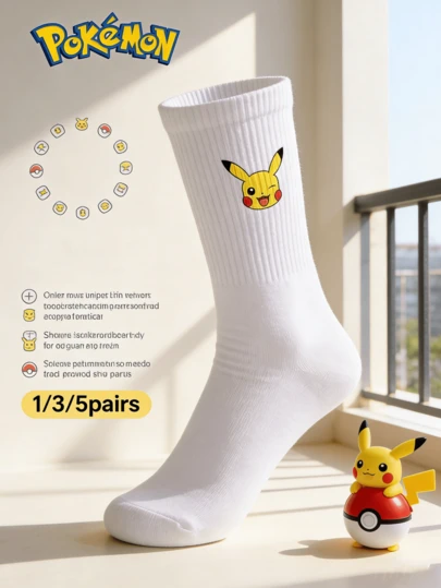 pokemon 宝可梦 1/3/5 双装可爱卡通印花透气柔软中筒袜，加固鞋跟和鞋头，经久耐穿，男女通用，四季皆宜