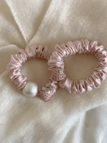 1pc Satin Pleated Strawberry Mousse Hair Scrunchie, High Elasticity Hair Tie For Ponytail - Multicolor - View 2