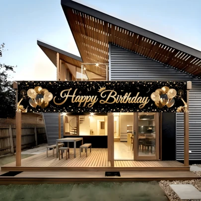 1 chiếc băng rôn sinh nhật màu đen vàng, đồ dùng trang trí tiệc sinh nhật, có thiết kế ruy băng và vương miện, thích hợp cho các bữa tiệc sinh nhật, các buổi họp mặt theo chủ đề, kỷ niệm, các buổi tạo bất ngờ, cả trong nhà và ngoài trời, cũng có thể dùng để trang trí nhà cửa, có nhiều kích cỡ khác nhau.