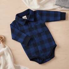 Baby Clothes Bodysuit Flannel Shirt Plaid Long Sleeve Boy June Party Red White/Black Green Blue - Màu xanh hải quân - Xem 1