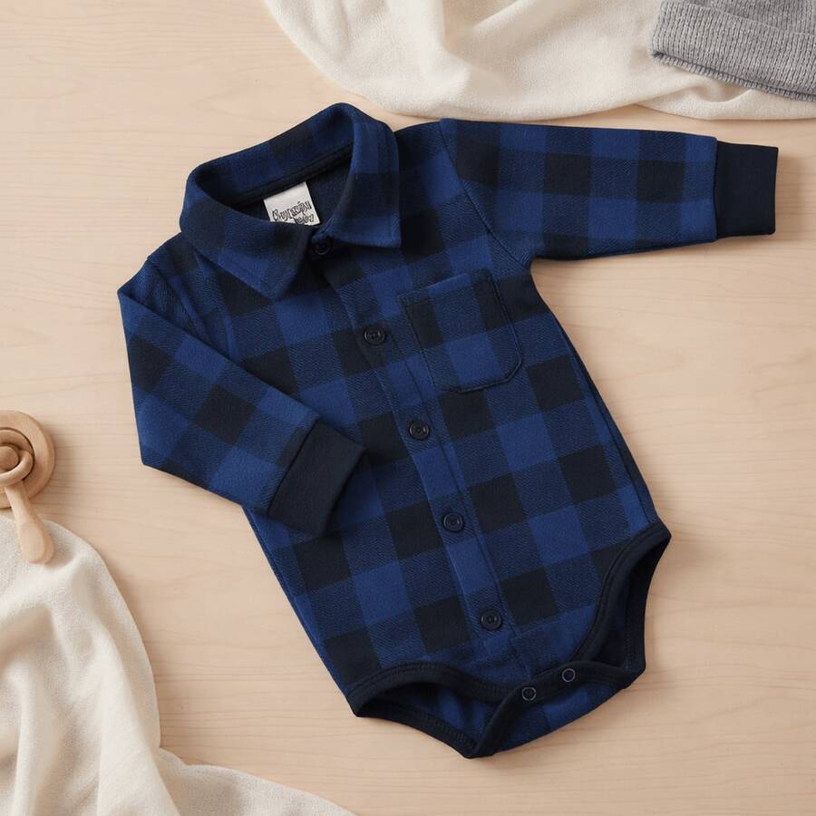 Baby Clothes Bodysuit Flannel Shirt Plaid Long Sleeve Boy June Party Red White/Black Green Blue - Màu xanh hải quân - Xem 1