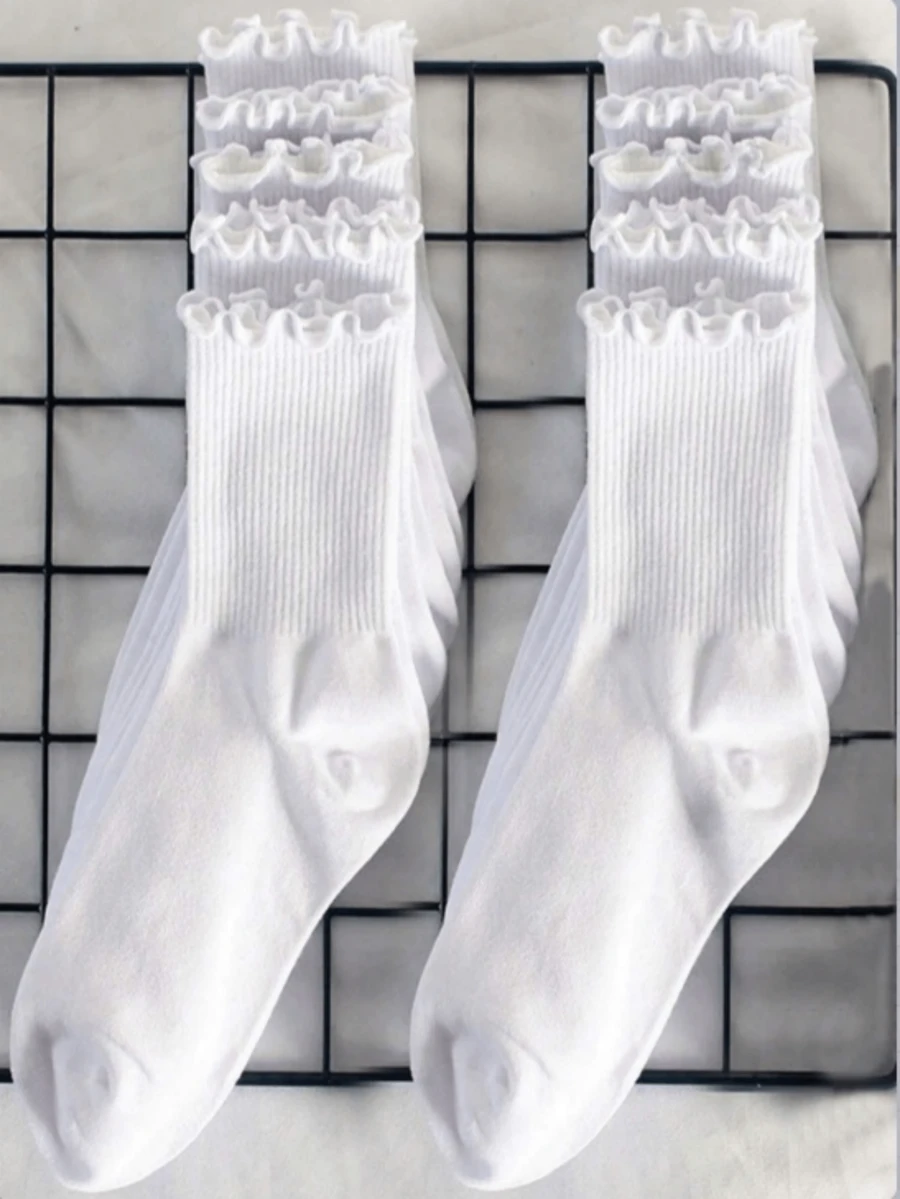 10 Pairs Women's Black & White Mixed Color Ruffle Edge Casual Versatile Mid-Calf Socks, Odor-Resistant, Sweat-Absorbent, Comfortable, Suitable For Students, Adults, Daily Wear, Gift - White - View 1