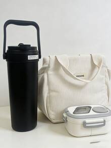 3-Piece Set: Stainless Steel Insulated Travel Mug With Handle, Corduroy Lunch Bag, And Sealed Lunch Box. Suitable For Commuting, School, Daily Use. High-Quality Reusable Drinkware & Kitchenware Set, Great Gift For Coworkers, Friends - MultiWarna - View 9