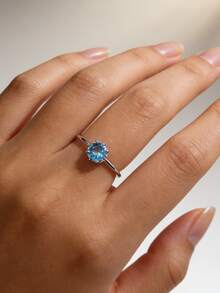 1pc S925 Sterling Silver Embedded Synthetic Zirconia Single Blue Stone Minimalist Ring, Bohemian Elegant Quality Jewelry For Women Daily & Party Wear - Silver - View 6
