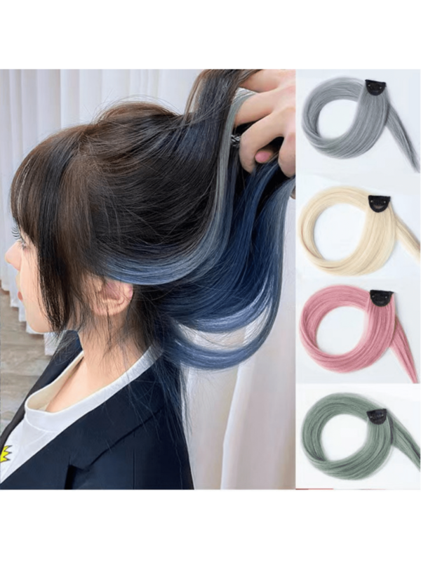 One Piece Clip In Hair Extensions, 20g High Temperature Fiber Fake Hair Pieces, Natural Looking Blue Grey Ombre Hair Extensions For Women, Invisible Hair Streak Highlights For Daily & Party Wear
