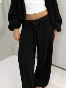 Premium Mousse Knit Palazzo Pants With Tie Detail, Mousse Yarn Knit, Blogger Style - Black - View 2