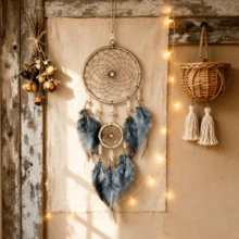 1 buah Hiasan Dinding Penangkap Mimpi Lingkaran Ganda Minimalis Warna Abu-abu Asap, Aksesori Penangkap Mimpi Dekorasi Rumah Artistik dan Segar, Kerajinan Bulu Buatan Tangan, Hadiah Ulang Tahun, Gaya Boho - Abu-abu 1 pc - View 5