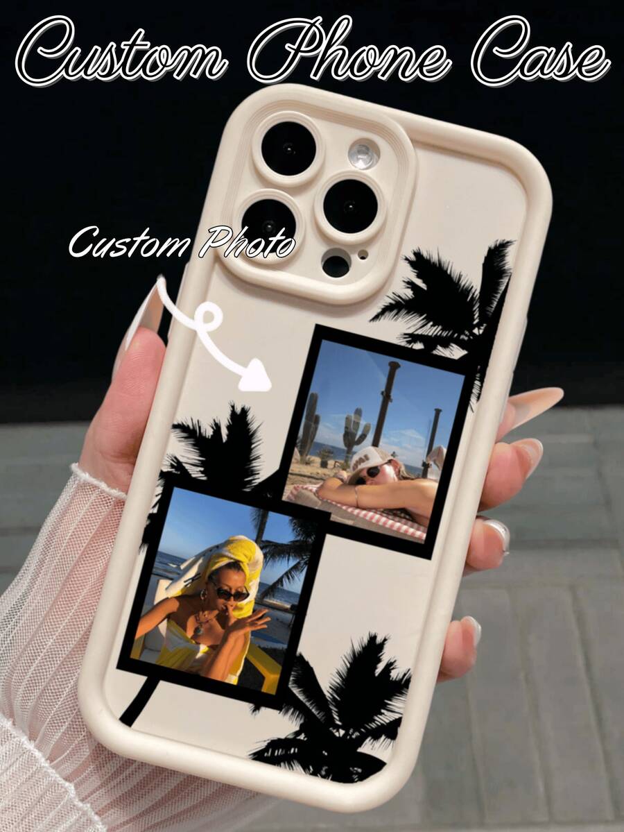 1 pieza Funda de teléfono personalizable con foto, funda protectora suave con impresión UV personalizada, edición limitada de verano con diseño de palmera, compatible con Apple 17/17 Pro/17 Pro Max/17 Air, 16-11/Pro/Pro Max/Plus, S20-S26/Ultra/FE/Plus/Ultra, teléfonos - Regalo de personalización de nombre, regalo para la mejor amiga, regalo del Día de San Valentín, esencial de verano - Blanco - Ver 1